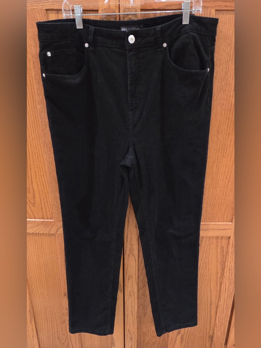 M&S Collection Sienna Black Corduroy Straight Leg Trousers Pants US 14
